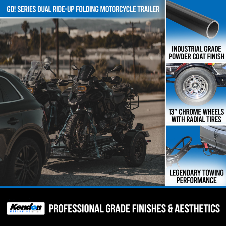 Go! Series Dual Rail Ride-Up Folding Motorcycle Trailer - Standard Chrome Wheels